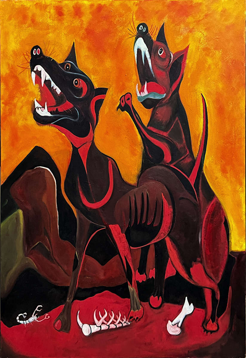Animal Cravings – A Tribute to Tamayo by John McCaskill  Image: This painting reimagines the feral energy of Rufino Tamayo’s Animals through a contemporary lens of desire, hunger, and instinct. Set against a scorched, otherworldly backdrop, two snarling forms echo ancient beasts—guardians, predators, or survivors—locked in a timeless ritual of craving and consequence.

With its searing palette, stylized anatomy, and symbolic remains, the piece channels both homage and personal interpretation. It speaks to the raw force within nature—and within ourselves—that Tamayo so vividly captured.
