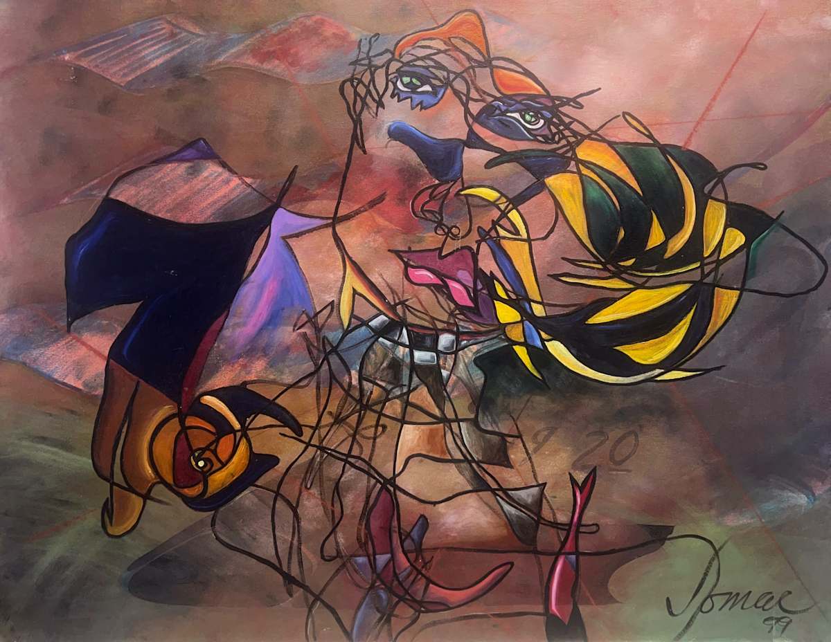 Mystic Carnival by John McCaskill  Image: “Mystic Carnival” (1999) — an early contour painting in charcoal and oil on canvas. A kaleidoscope of overlapping lines and vibrant color, evoking a dreamlike, playful, and mysterious carnival atmosphere.