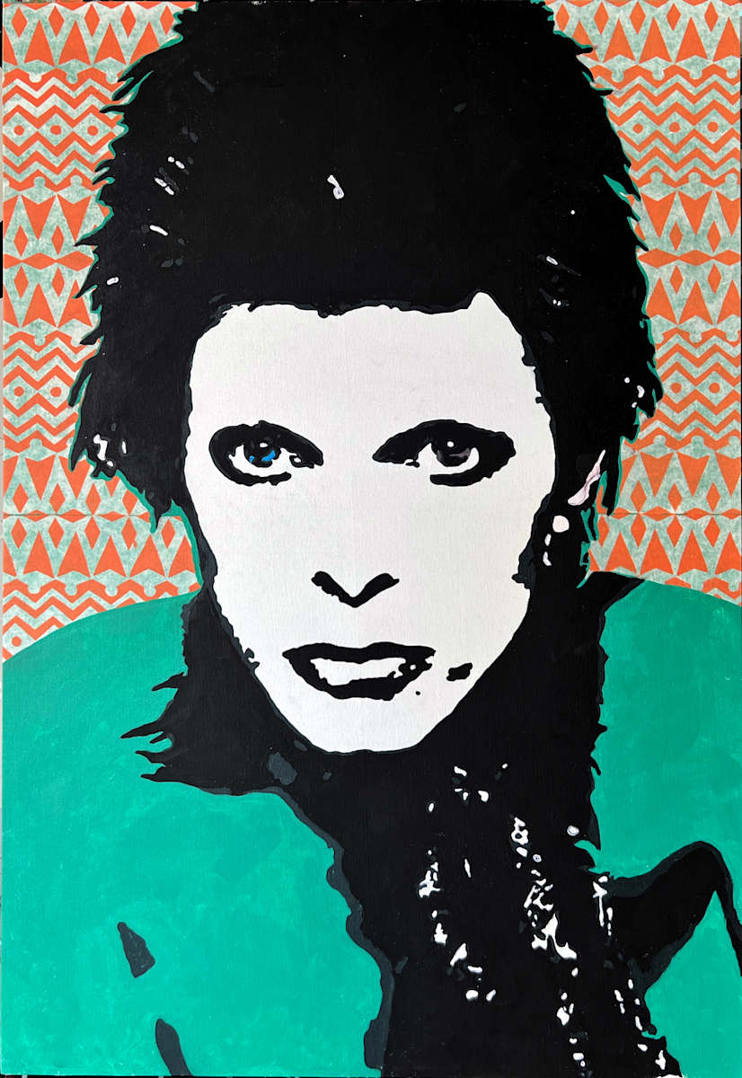 Starman by John McCaskill  Image: “Starman” captures David Bowie’s iconic intensity through bold contrasts and layered patterns—merging painting and woodblock print to honor his boundary-crossing artistry.