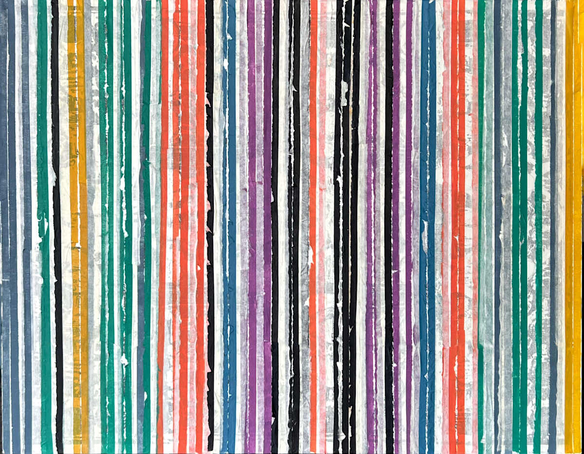 Colorfield One by John McCaskill  Image: “Colorfield One” reimagines mid-century abstraction through collage, layering vibrant woodblock print remnants into rhythmic bands of color and texture.