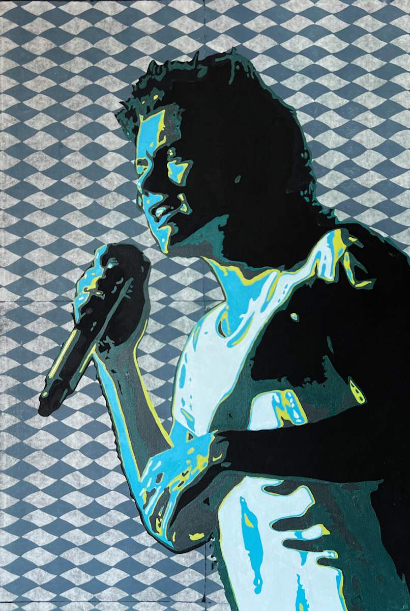 Sugar Rush by John McCaskill  Image: “Sugar Rush” captures Harry Styles in vibrant motion—painted in bold turquoise and yellow over a rhythmic woodblock print backdrop, alive with the energy of performance.