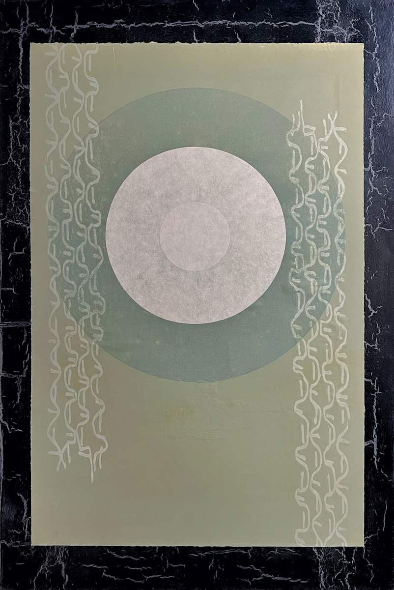 Drift (Palimpsest Series) by John McCaskill  Image: Drift reflects the passage of time through layered materials and a flowing binary pattern carved from reclaimed wood. A subdued palette evokes tranquil nights and meditative stillness, allowing the surface to register quiet movement and gentle continuity.