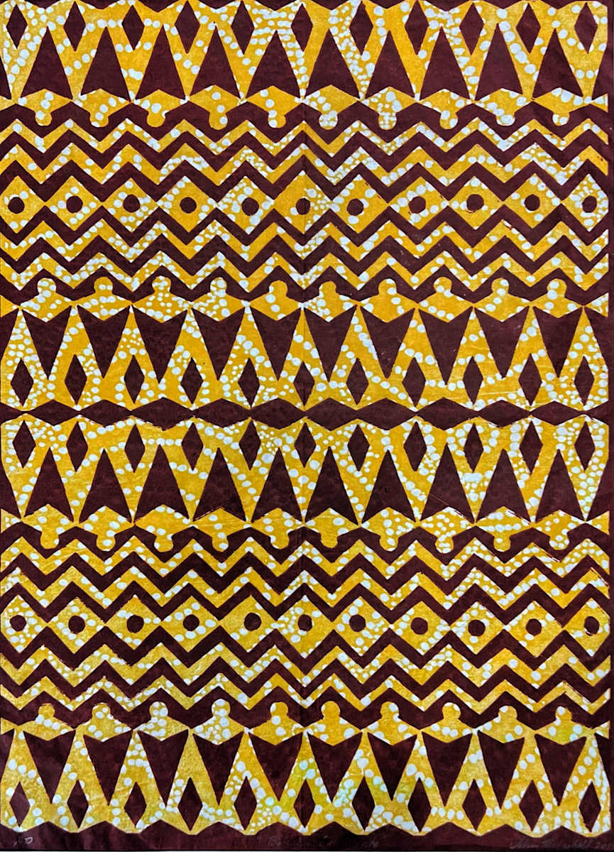 "Between Continents" by John McCaskill  Image: “Between Continents” — a hand-printed woodblock on Japanese Sikishu paper, layering Bantu and Aboriginal-inspired motifs into rhythmic patterns that echo migration, orientation, and memory.