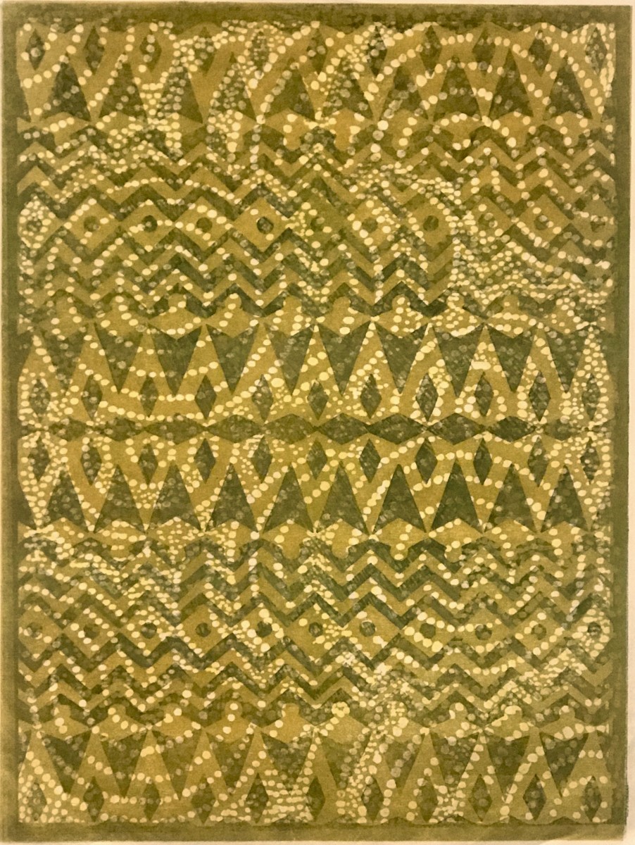 "Between Continents" by John McCaskill  Image: “In Between Continents” — a hand-printed woodblock on Japanese Sekishu paper, layering Bantu and Aboriginal-inspired motifs into rhythmic patterns that echo migration, orientation, and memory.