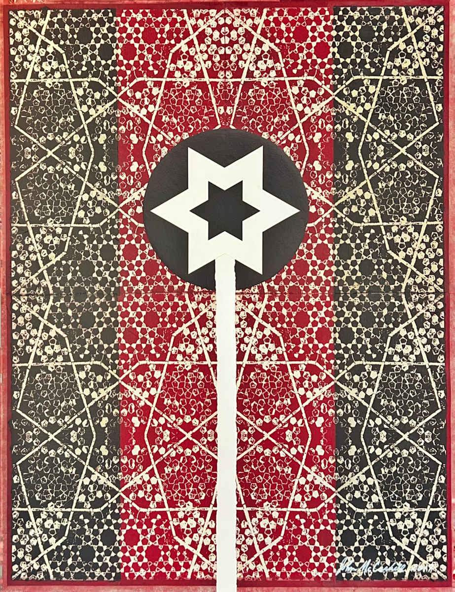 Star of Shangri La by John McCaskill  Image: Inspired by Doris Duke’s legendary Hawaiian estate Shangri La, Star of Shangri La is a visual tribute to the artist’s global journey through Islamic art, architecture, and design. At the heart of the composition is a bold waypoint symbol — a directional star rendered in crisp appliqué — rising like a celestial guide from a field of intricate geometric patterns.

The richly layered woodblock prints recall the mosaics and latticework found throughout Islamic architecture, carefully composed in alternating columns of red and black to evoke rhythm, balance, and depth. The central star serves as both spiritual compass and symbolic axis — a visual anchor in a world of ornate detail.

This piece reflects not only the physical beauty found in the Islamic world but also the spirit of cultural preservation, reverence, and exploration that defined Duke’s travels. It stands as a contemporary echo of her vision: a map made of pattern, a direction marked in devotion.