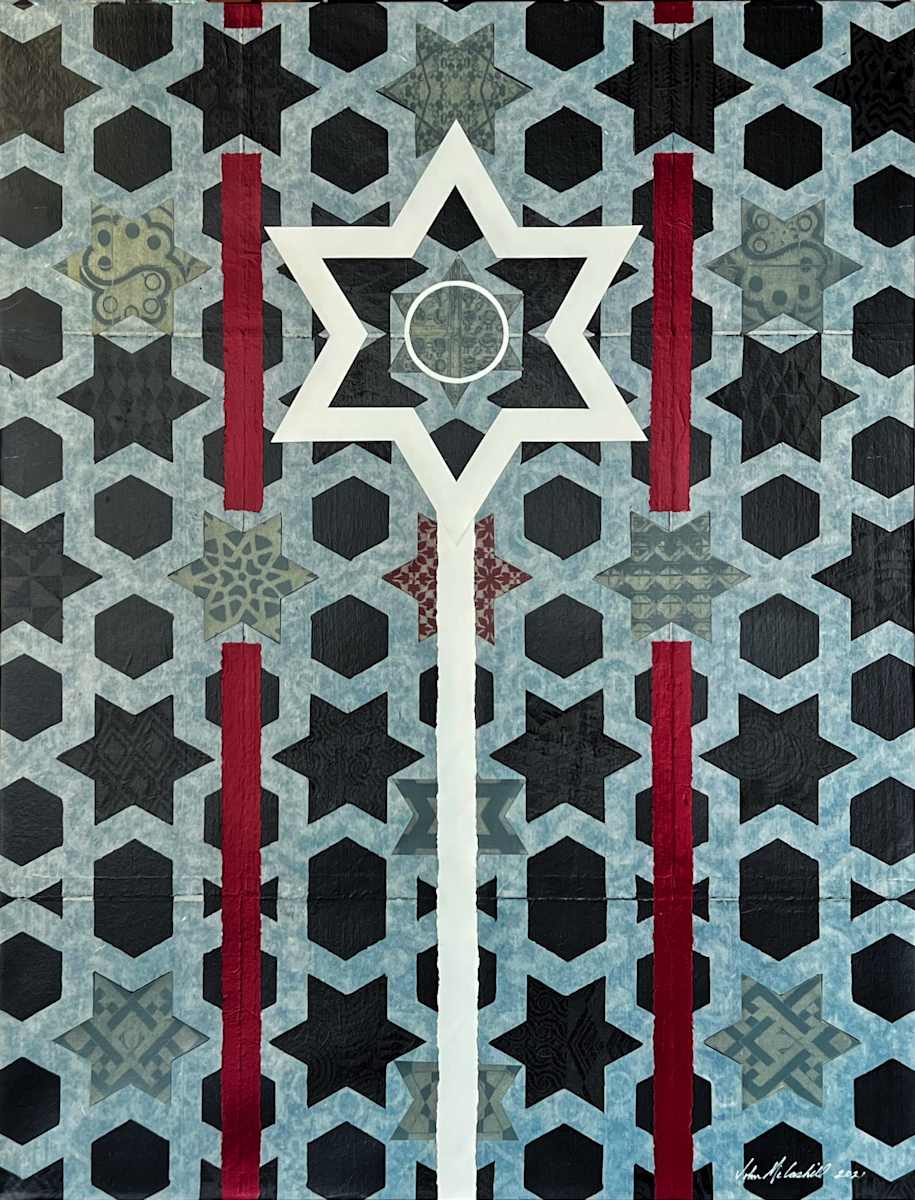 Converging Paths, Sacred Symbols by John McCaskill  Image: Converging Paths, Sacred Symbols is a visual meditation on the shared sacred geometry found in Islamic and Judaic traditions. Central to the composition is a stylized waypoint—a guiding form framed by both the Star of David and an Islamic eight-pointed star—signifying not only direction, but spiritual connection across cultures.

The repeating field of dark six-pointed forms is meticulously built from hand-printed woodblock patterns, subtly layered with motifs referencing historical textiles and architectural ornament. Vertical red bands cut through the symmetry like sacred thresholds or markers of alignment, suggesting a path or ritual axis.

Rooted in the artist’s Waypoints and Shangri La-inspired series, the piece reflects on the journey toward understanding, harmony, and the elegant logic of the sacred. It invites viewers to consider how symbols, across faiths and time, can illuminate a shared human search for meaning, order, and connection.