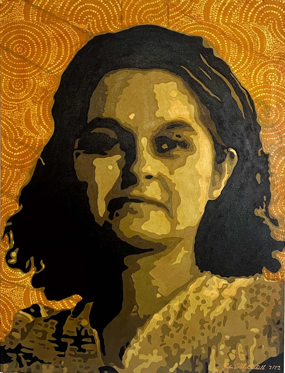 La Lumière de Leda by John McCaskill  Image: La Lumière de Leda is a luminous tribute to the artist’s grandmother as a young woman — captured in rich, tonal layers of oil that echo the strength, softness, and mystery of a life in its early bloom. The name Leda, paired with the French phrase meaning “the light of Leda,” speaks to both her heritage and the inner radiance she carried throughout her life.

Set against a golden woodblock-printed background reminiscent of both textile and constellation, the portrait glows with quiet reverence. The intricate patterns envelop her like a memory held close — textured with time, yet vibrant and alive. Her gaze is steady, her presence full, and her story — though partially untold — radiates through every brushstroke.

This work is not only a portrait but a meditation on ancestry, womanhood, and the beauty of remembering someone as they were—before titles, before time, before we fully knew them.