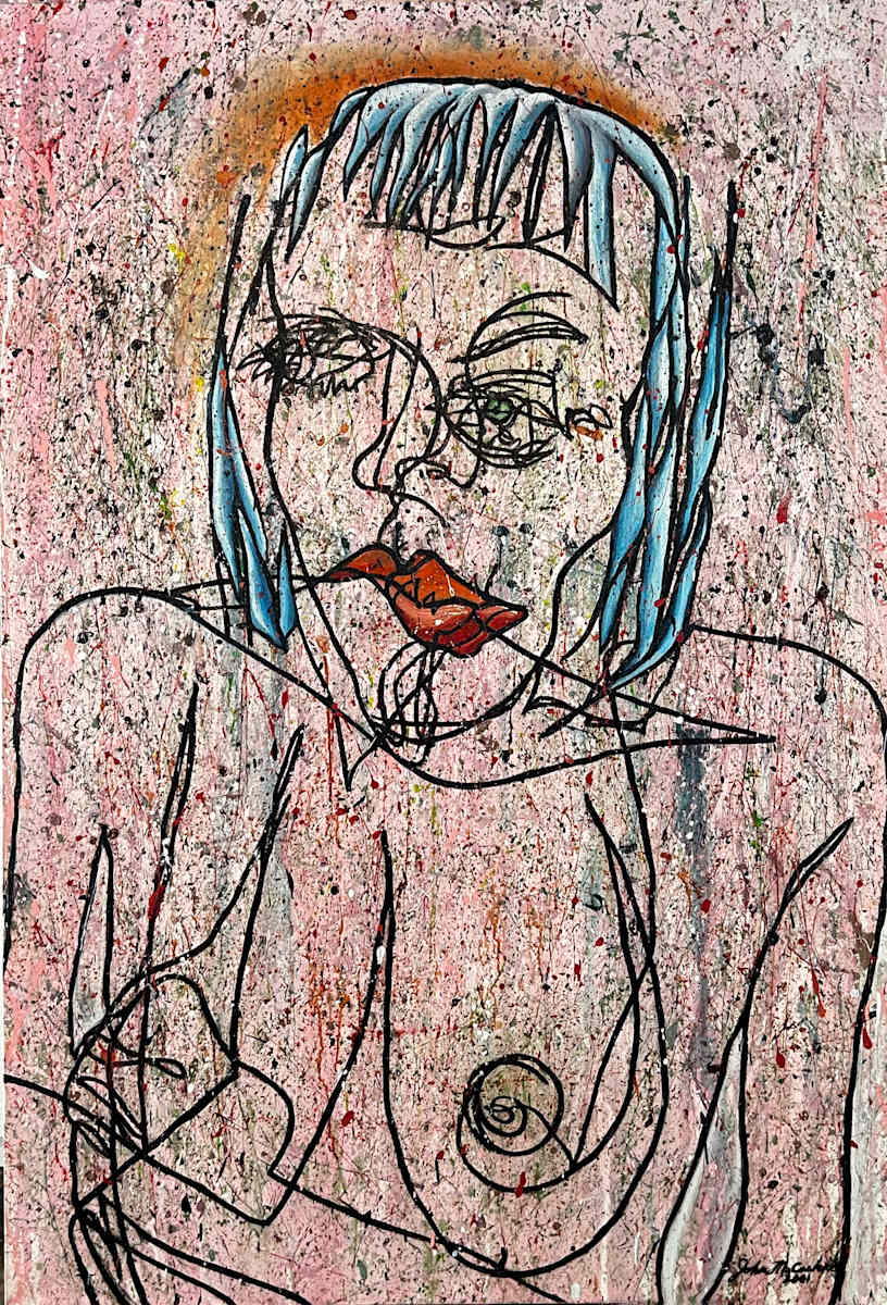 Cybill by John McCaskill  Image: “Cybill, 2001” — a blind contour portrait of Cybill Sheppard layered over a Pollock-inspired ground, merging Cubist line with Abstract Expressionist energy.