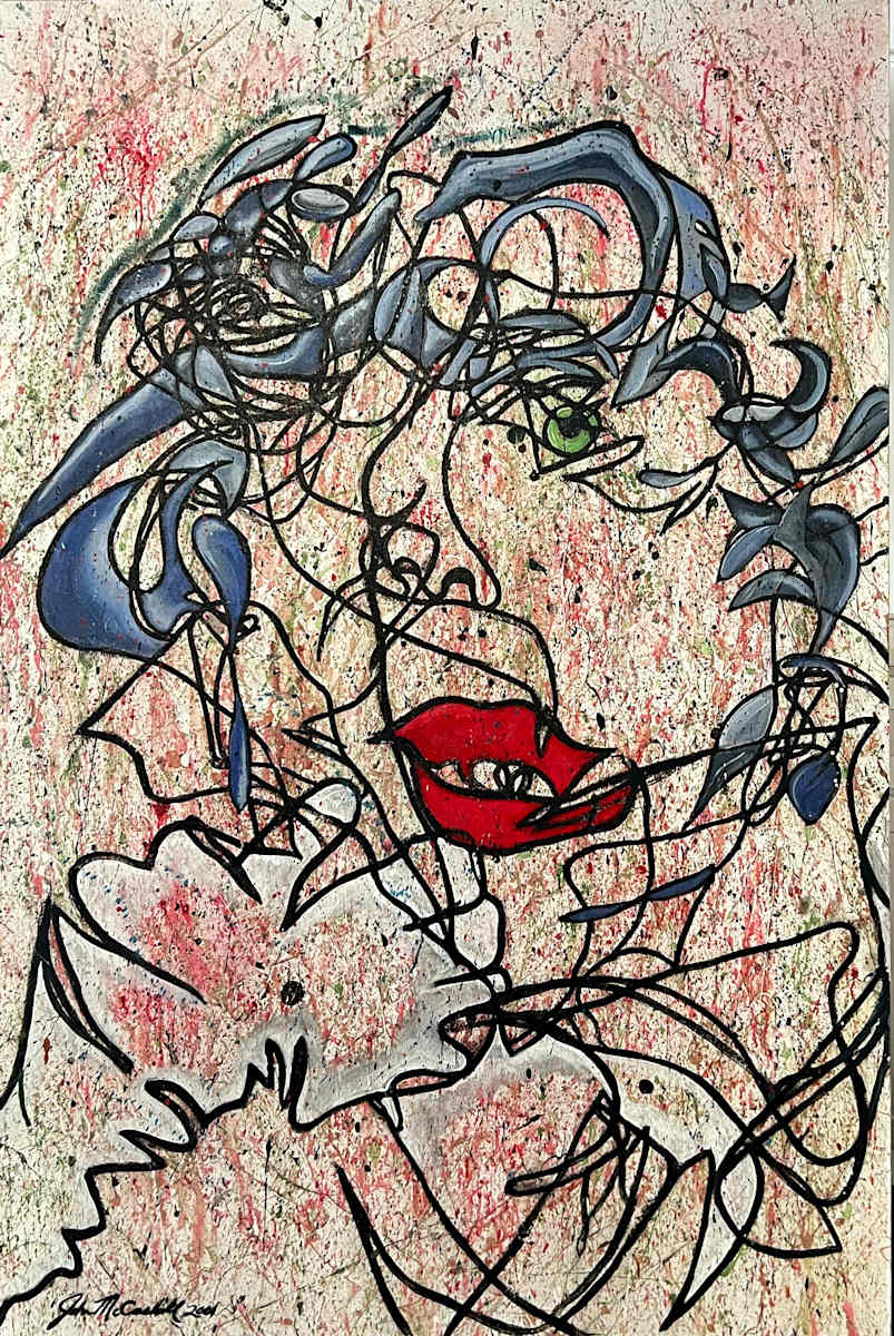 Marilyn by John McCaskill  Image: “Marilyn, 2001” — the final work in my Blind Contour series. Drawn from a photograph of Marilyn Monroe, this portrait was created without looking at the canvas, layered over a Pollock-inspired ground with Braque-like contours. A balance of chaos and elegance, capturing both vulnerability and the aura of an icon.
