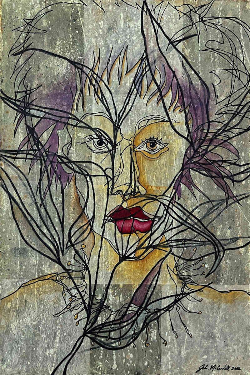 Primal Spirit by John McCaskill  Image: “Primal Spirit” (2002) — A blind contour portrait where unbroken line and layered textures merge human presence with elemental force, capturing both raw vitality and mystery.