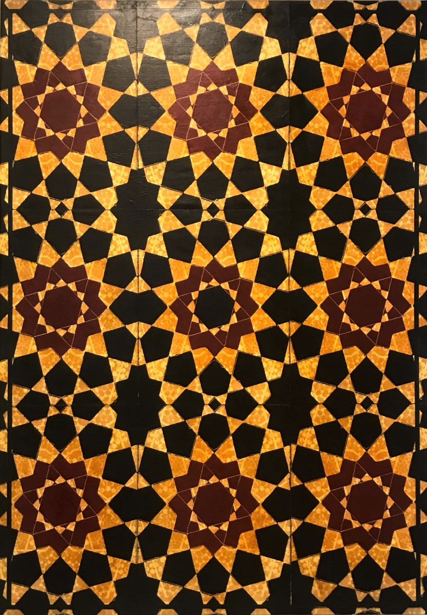 Echoes of Shangri La by John McCaskill  Image: Sacred Geometry: Homage to Shangri La
Mixed Media Print | Dimensions Variable
Inspired by the intricate tilework and sacred geometry of Doris Duke’s Shangri La in Honolulu, this piece explores the meditative rhythm of Islamic design. Hand-carved and printed patterns create a layered composition where ancestral forms meet contemporary craftsmanship—offering a quiet invitation to contemplate symmetry, repetition, and the spiritual resonance of shape.