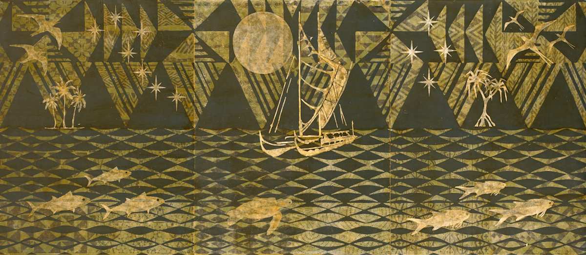 Wayfinders: Voyage of the Hōkūleʻa by John McCaskill  Image: “Wayfinders: Voyage of the Hōkūleʻa” — a 3' x 7' canvas of layered woodblock prints and appliqué. This piece tells the story of the Hōkūleʻa’s circumnavigation, guided solely by the stars, ocean, and winds, weaving 12 symbolic waypoints into a vision of sea, land, and sky.