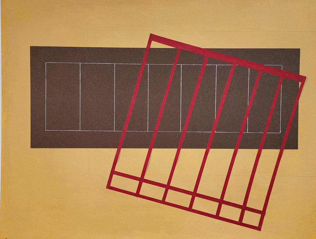 Brown Rectangle with Red Grid Askew by Jude Barton 