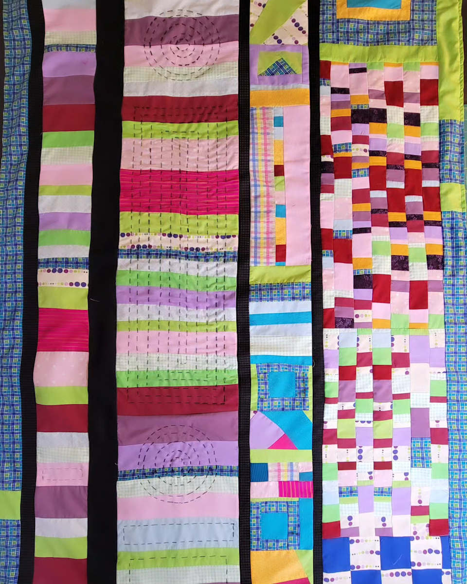 Fabric Collage Improv Lines and Circles by Jude Barton, Image 1.
