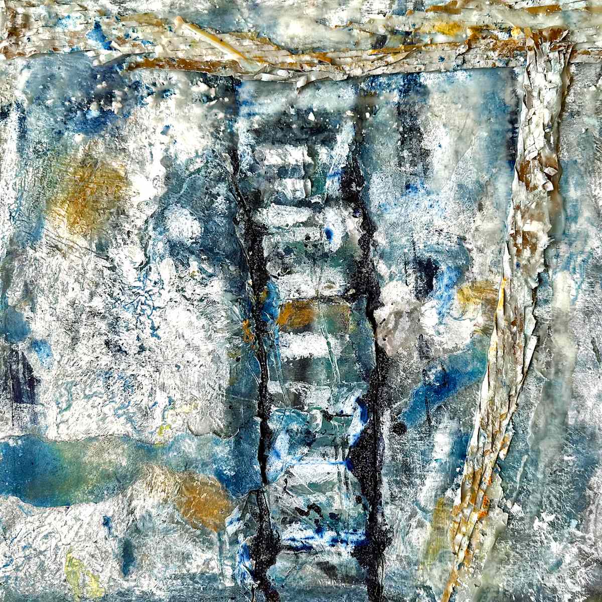 Ladder of Dreams by Catherine  Mansell  Image: "Ladder of Dreams" is an evocative abstract piece that captures the essence of mystery and escape. Measuring generously and employing a bold combination of media, this artwork immediately draws the viewer in with its textured patterns and rich layers of color. The piece predominantly features various shades of blue, accented with touches of gold, white, and black. 

At the heart of the composition is a black ladder-like form that bisects the canvas vertically, serving as a stark and intriguing focal point. This ladder seems to offer a pathway through the swirling, chaotic background, embodying a sense of structure amidst disorder. The use of thick, layered paint gives the artwork a three-dimensional quality, making the surface feel almost tactile.

The emotional impact of "Ladder to the Loft" is profound, inviting viewers to ponder themes of ascension, escape, and the unknown mysteries that lofts and old attics encapsulate. The interplay of colors and textures is skillfully executed, creating a dynamic and visually arresting piece that lingers in the mind long after it has been seen.