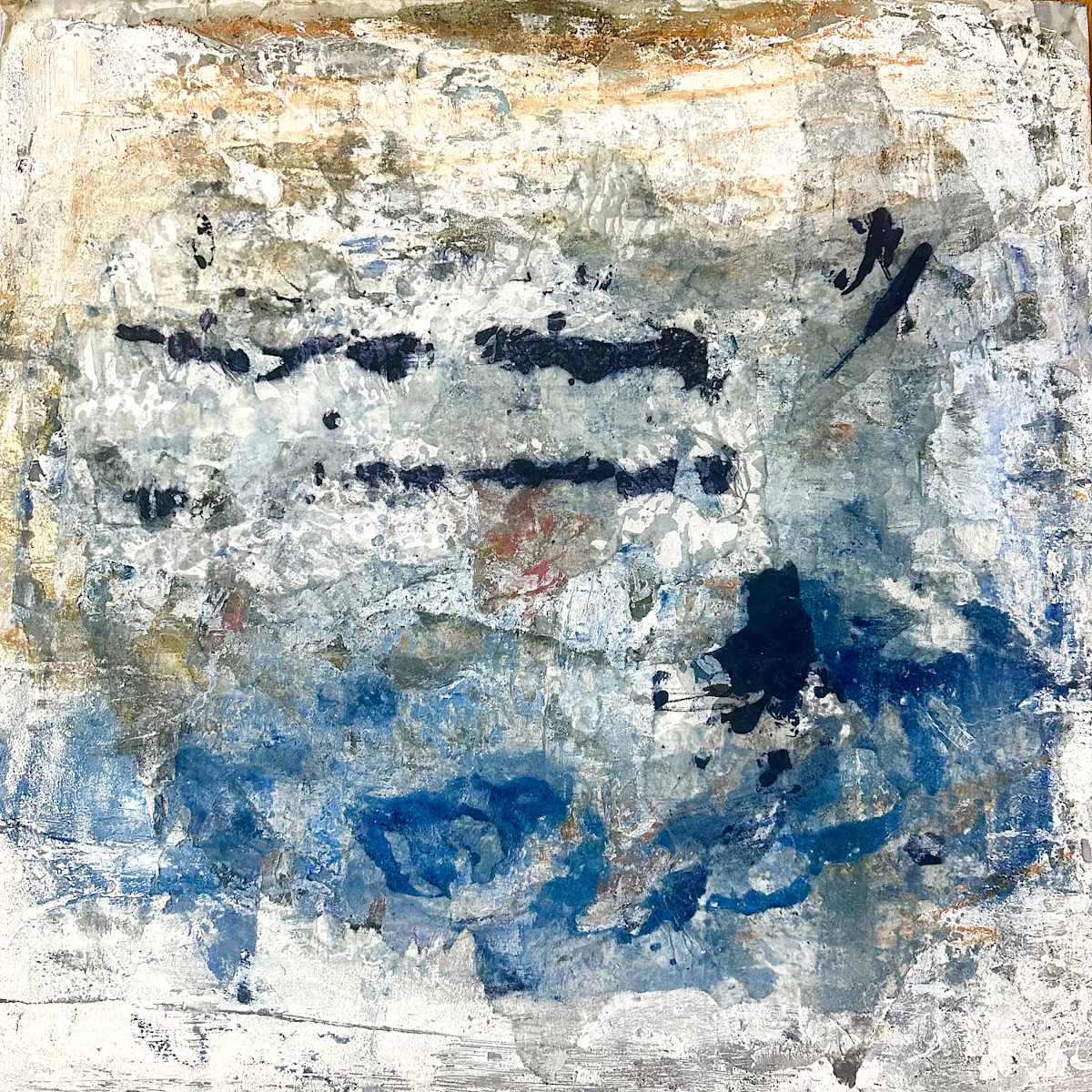 Murmurs in Blue by Catherine  Mansell  Image: "Murmurs in Blue" is an evocative abstract painting characterized by its intricate textures and rich color palette. The artwork blends encaustic, mixed media, stucco, pigments, and ink in a harmonious dance of colors and textures. Dominant shades of blue interweave with earthy tones of beige and brown, punctuated by vibrant whites that lend a feeling of lightness to the piece.

The textured surface creates a layered appearance, drawing the eye to its varying depths and contrasts. Dark horizontal brushstrokes mark the central area of the canvas, providing a focal point that invites contemplative thought. The lower portion is more saturated with blue hues, offering a sense of mystery and depth, while the upper section blends white and beige, contributing an airy openness to the composition.

"Murmurs in Blue" captivates the viewer with its dynamic and thought-provoking nature, emblematic of abstract expressionism. The creation process involved a spontaneous and quiet approach, infusing the piece with an element of the mysterious and the ancient, making it a truly unique and engaging work of art.