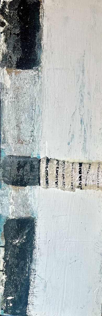 Convergence Two by Catherine  Mansell  Image: The artwork, titled "Convergence 2," is a striking vertical composition measuring 36 inches by 12 inches. The piece is primarily painted in an ethereal palette of white and grey, creating a versatile and harmonious backdrop. The left side of the canvas is dominated by four bold horizontal blocks of black interwoven with grey textures, which extend into the central area, drawing the viewer's eye towards the heart of the composition. In the central vertical section, one can observe a richly textured area marked by alternating dark stripes, contributing to the artwork’s sense of depth and complexity.

"Convergence 2" employs an abstract style characterized by a variety of brushstrokes and textures that bring a unique dynamism to the piece. The interplay of light and dark elements not only adds to the visual intrigue but also invites deeper contemplation about the balance of contrasting forces. Each brushstroke and textured element seem meticulously chosen to build a layered narrative that speaks to the essence of convergence and divergence.

In creating this piece, the unique process was driven by a desire to explore the interplay between structured forms and fluid textures. The artist’s innovative approach allows the viewer to see beyond the surface, evoking a sense of ongoing motion and transformation. "Convergence 2" stands as a testament to the power of abstract art to evoke emotion and provoke thought, making it a captivating addition to any collection.