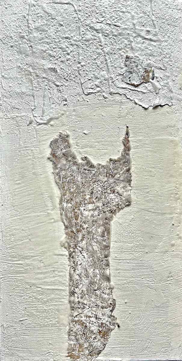 Reaching by Catherine  Mansell  Image: "Reaching" is a mesmerizing abstract piece that draws the viewer into its serene, ethereal design. Measuring [size of the artwork], this captivating creation is a harmonious blend of encaustic techniques, Asian papers, and stone dust, each element contributing to its textured allure. The artwork's white, almost otherworldly background evokes a sense of calm and simplicity, inviting contemplation and introspection.

In this piece, minimalism meets mystery, as subtle variations in texture and the delicate interplay of materials create a profound emotional resonance. The use of Asian papers and stone dust, combined with the encaustic medium, results in a unique surface that engages both the eyes and the sense of touch. The innovative mix of these materials, reminiscent of ancient fresco techniques, adds an extra layer of depth and intrigue to the work.

"Reaching Out to the Veil" is not just an artwork, but an experience. It's a visual and emotional journey that gently encourages a closer look, revealing new details and nuances with every glance. This piece is a testament to the beauty of understated elegance and the power of subtlety in art.