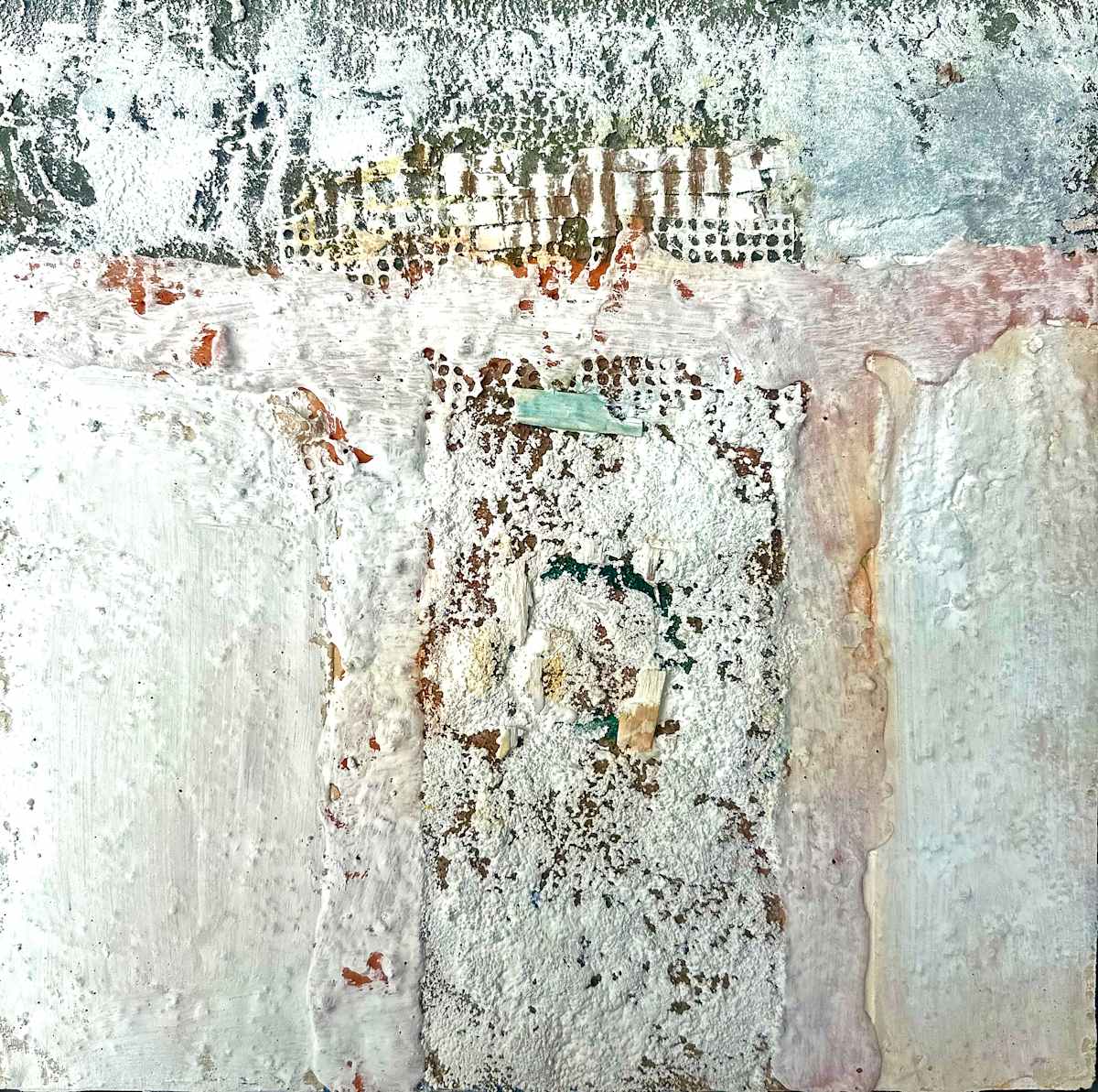 Weathered Beauty by Catherine  Mansell  Image: "Weathered Beauty" is an evocative abstract mixed media piece that invites contemplation through its richly textured surface and subtle, monochromatic color scheme. Measuring a size that isn't specified, the artwork masterfully combines fresco marble dust, walnut ink, and encaustic wax to create a tactile masterpiece. The use of layers and varied mediums results in a composition dominated by shades of white and cream, accented with muted earth tones that evoke an almost ancient, timeless quality.

The artwork's textured surface is its most striking feature. Through the application of thick encaustic paint and plaster, the piece achieves a sculptural quality. Patterns emerge as grid-like impressions and rough, uneven areas, adding depth and vibrancy. This interplay between smooth expanses and intricate textural details creates a delicate balance, drawing the viewer in for a closer inspection.

Inspired by ancient walls and European frescos, "Weathered Wall Reverie" reflects a fascination with the beauty of aged surfaces and the minimalist aesthetic. The artist's unique process makes visible the surfact, texture, and ridges, capturing the essence of weathered and worn materials. Each variation in the surface contributes to the narrative, embodying a serene yet dynamic visual experience that resonates deeply with those who encounter it.