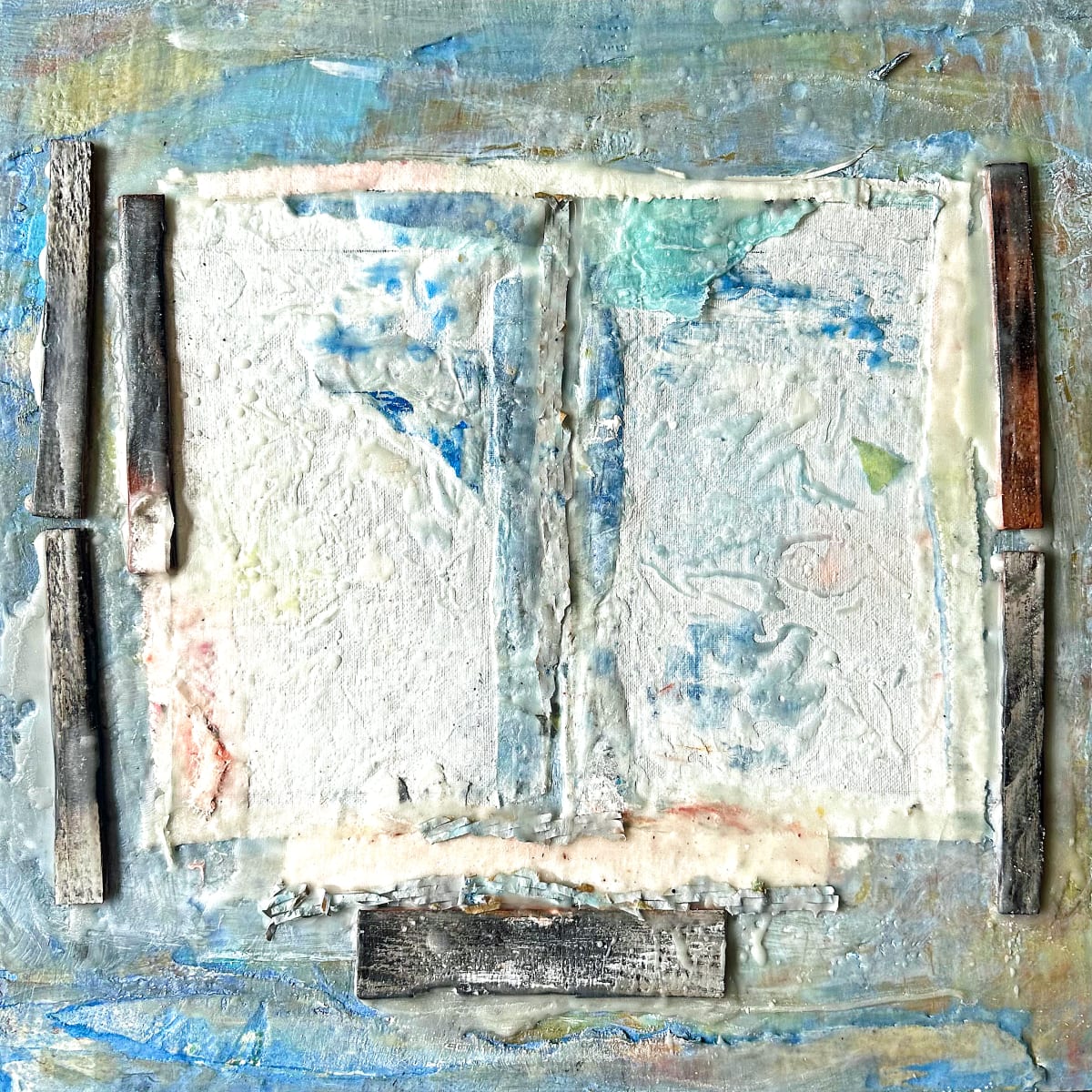 Old Window by Catherine  Mansell  Image: Old Window is a  textured and abstract representation of window. Its edges are adorned with subtle, mixed media brushstrokes that incorporate shades of blue, green, and hints of orange. The use of these colors creates a harmonious yet dynamic composition. Enveloping the structure are vertical and horizontal wooden-like elements that add a striking three-dimensional quality to the piece. The background features a blend of cool tones, primarily blues and grays, which further enhance the textured feel throughout the artwork.

This piece captivates viewers with its intricate layers and depth, evoking a sense of history and human touch. The interplay between color and texture invites the audience to delve into its complexity and richness. The unique process involved in creating Old Window, which includes the use of encaustic over a fresco substrate combined with wood fragments, adds a distinctive quality that reflects a love for both tradition and innovation. Whether you are a lover of old structures or an appreciator of abstract art, this piece offers a contemplative experience that resonates with the essence of history and the tactile beauty of old surfaces.