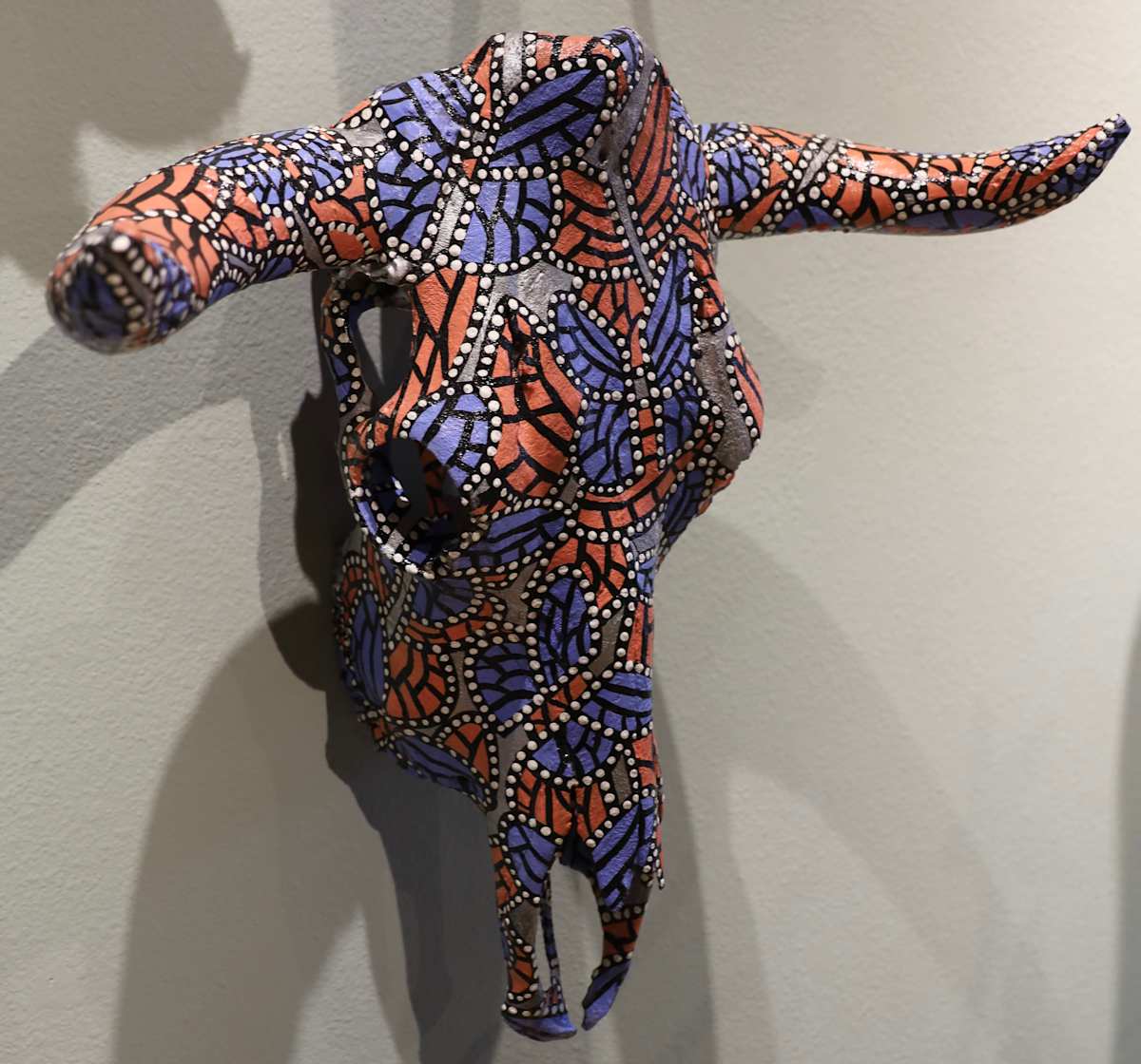 Blue & Orange Painted Cow Skull by Lon Michels 