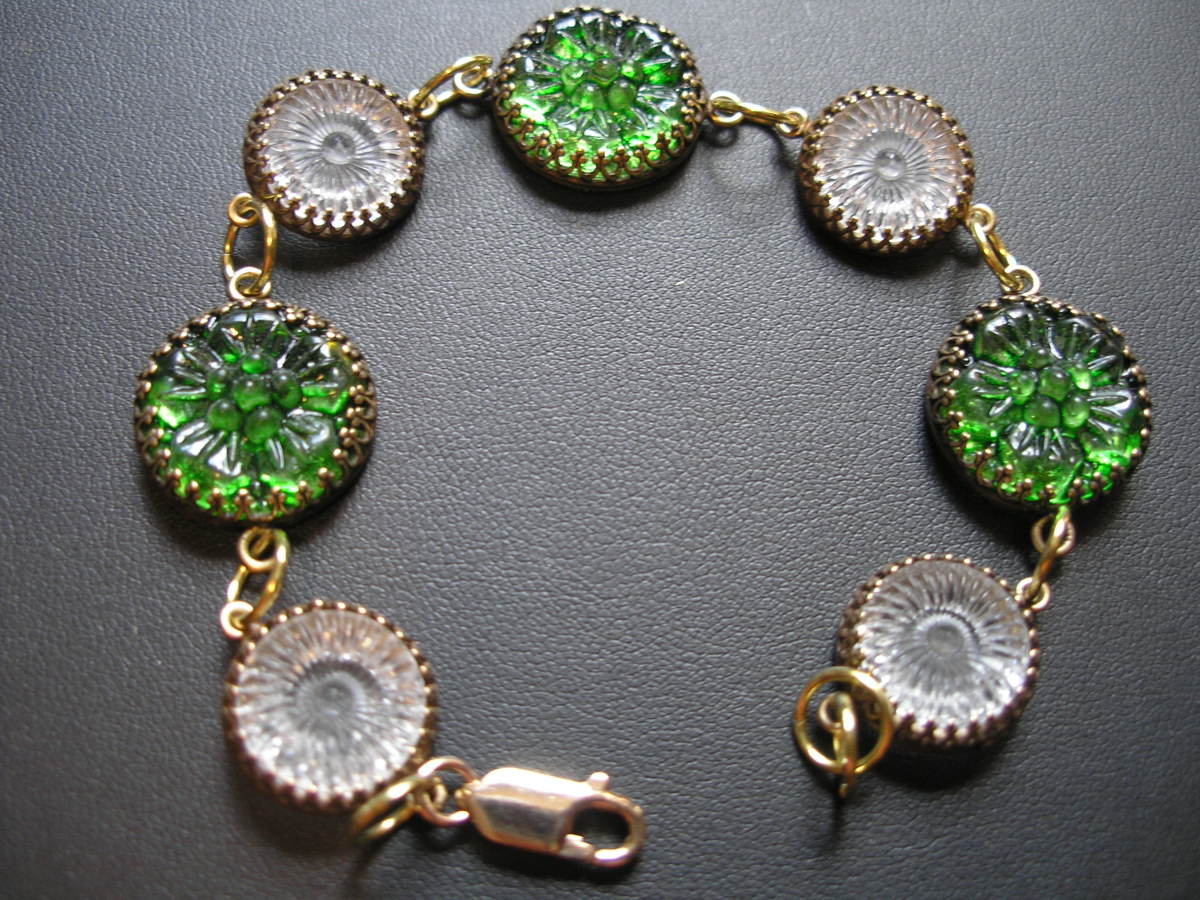 Green Glass Buttons Bracelet by Judi Werner 