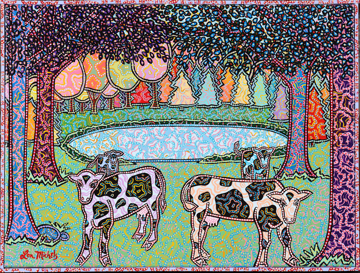 Cows with Pond in Woods by Lon Michels 