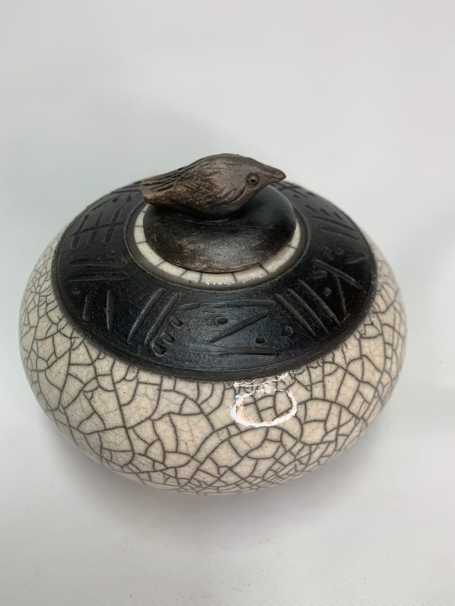 White Crackle Raku Cover Jar by Joe Clark 