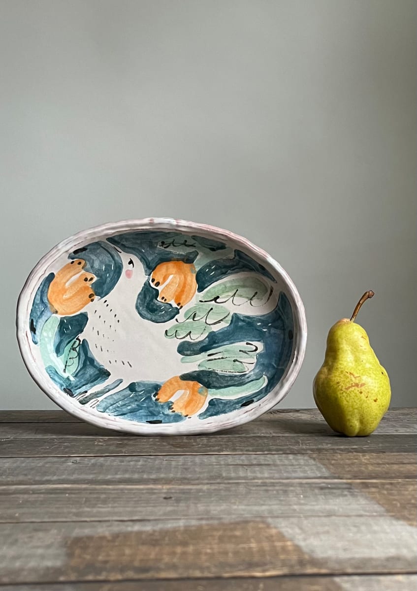 Blue and Orange Bird Oval Plate by Alyssa Martz 