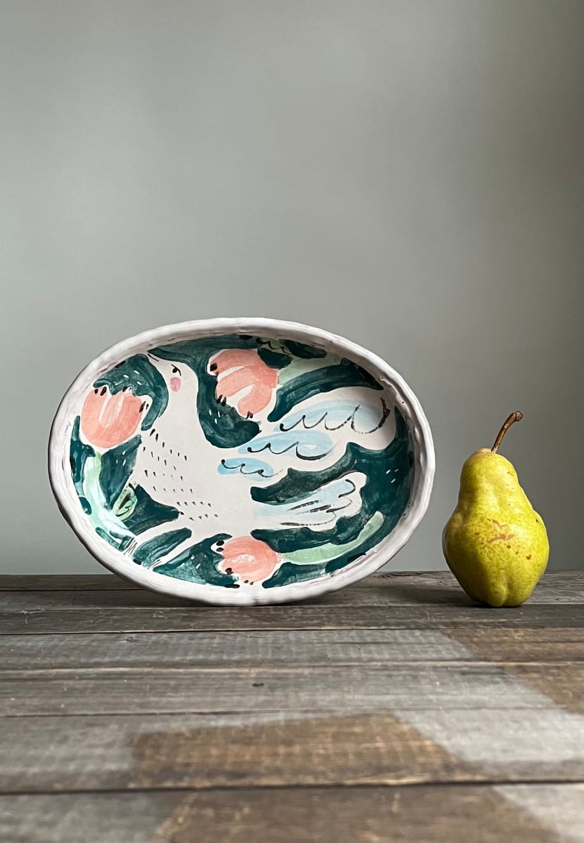 Teal and Pink Bird Oval Plate by Alyssa Martz 