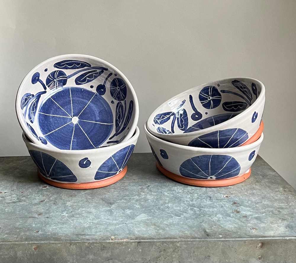 wide bowl w/folk flower design (x4) by Alyssa Martz 