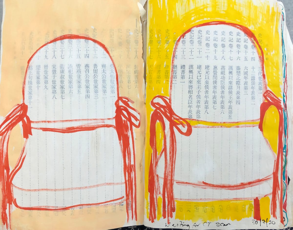 Chemo treatment diary, page #7-8, 30 July 2020, waiting for ct scan, 2 chairs, Image 1.