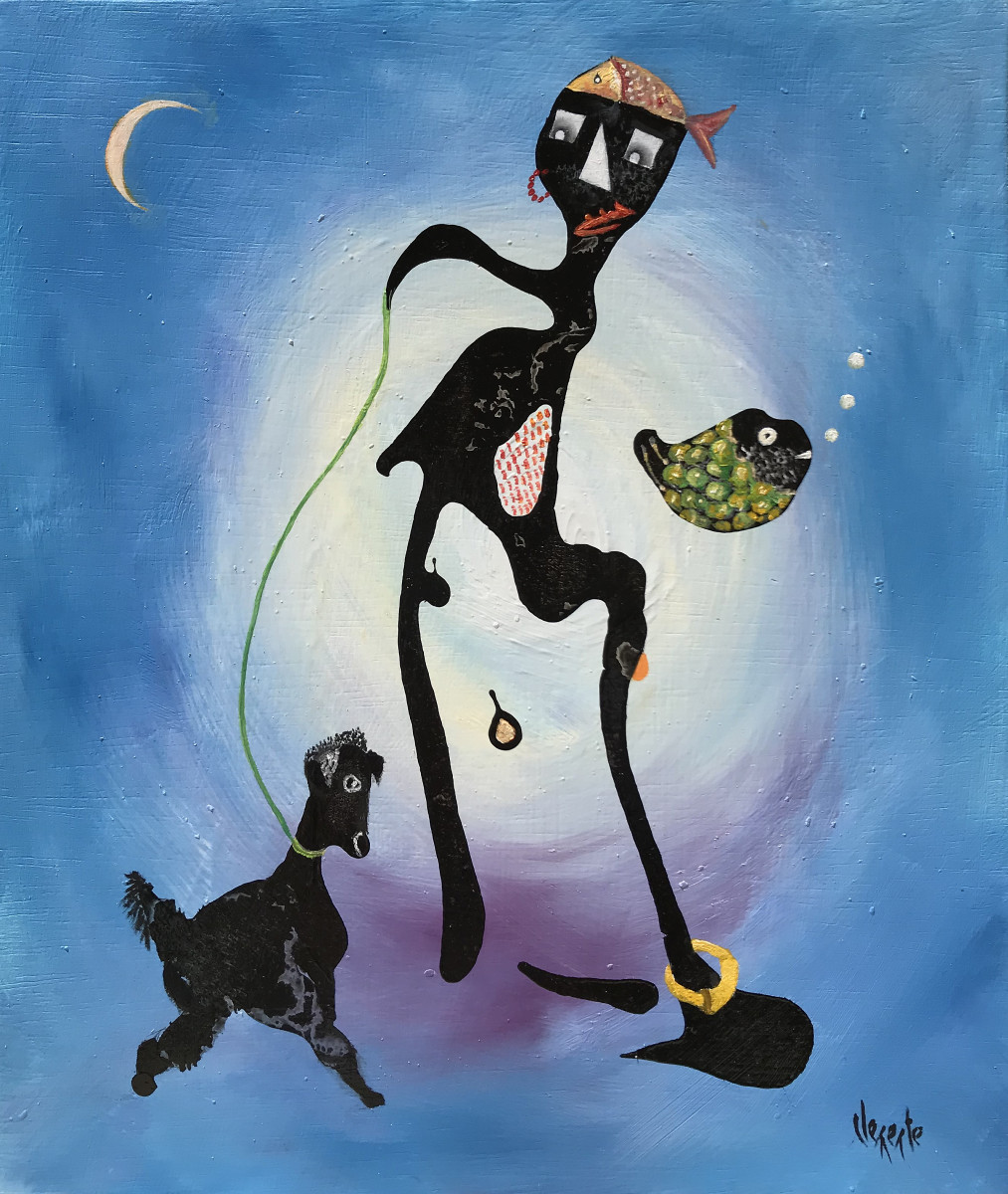 Man, Dog, Fish on Blue by Clemente Mimun 