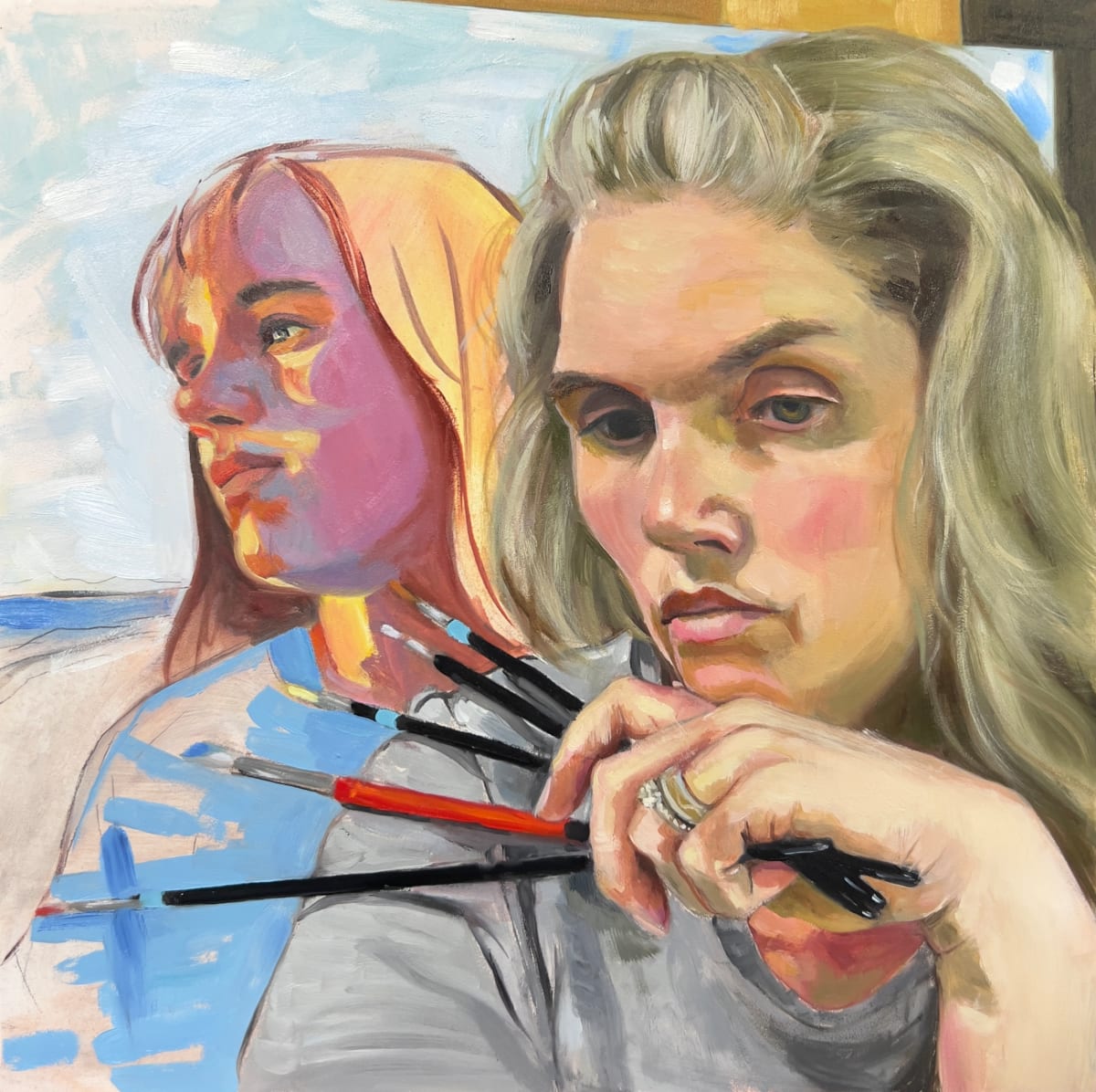 Work in Progress by Ellen Starr Lyon  Image: A self-portrait of the artist contemplating the new work she's started behind her and of course everything else.
