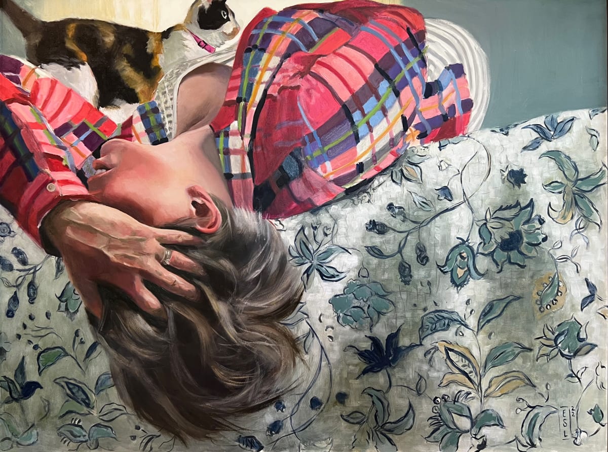 Overwhelmed by Ellen Starr Lyon  Image: Woman laying on bed with her head in her hand and cat