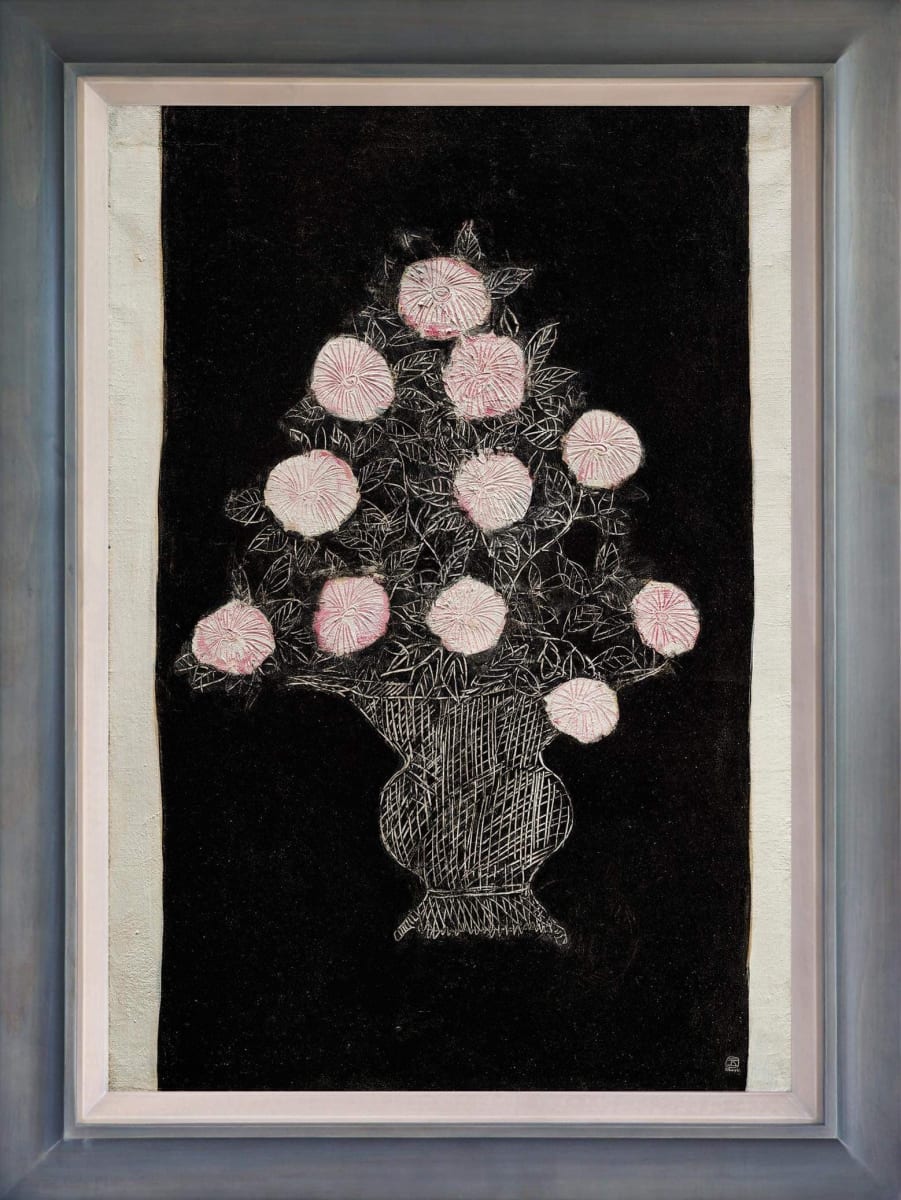 (90/200) 常玉版畫 黑底淨白粉菊 White and Pink Chrysanthemums in a Navy Black Background by 常玉 Sanyu 