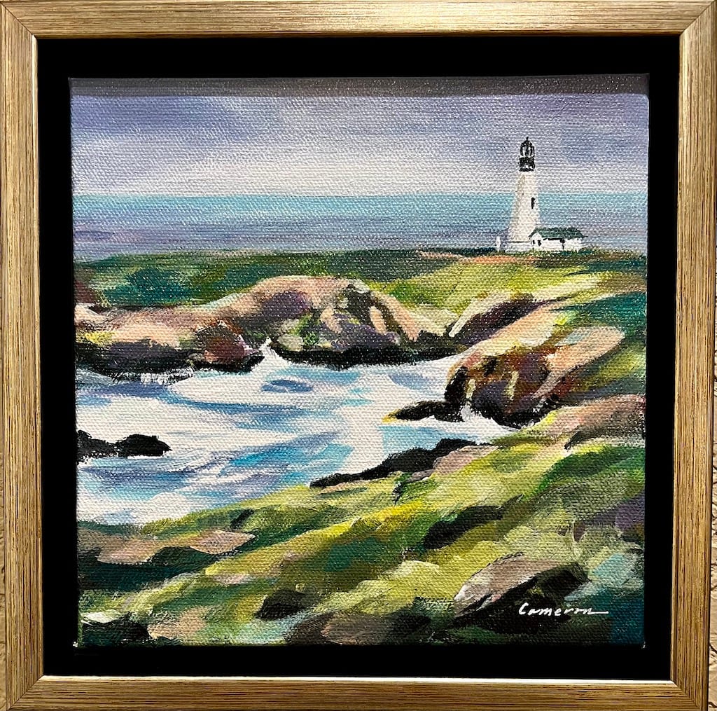 YAQUINA LIGHTHOUSE by Patrice Cameron  Image: 8"x8" acrylic painting on  canvas in floating frame, measuring 9.75"x9.75"