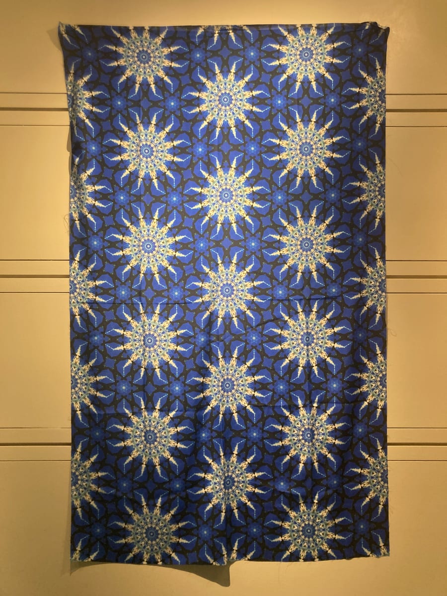 Tapestries of Hope 9  Image: Using detailed photographic images taken from the artwork created by kids and families, Kristina designed patterns with the help of an app called Repper https://repper.app. This app takes the imagery and provides an infinite amount of possibilities, producing a tile that can be made into a larger repeating pattern. These designs are one-of-a-kind; they began from a unique, individual piece of art. These patterns were then printed on silk crepe fabric. Each panel is 48 x 78 inches. 
