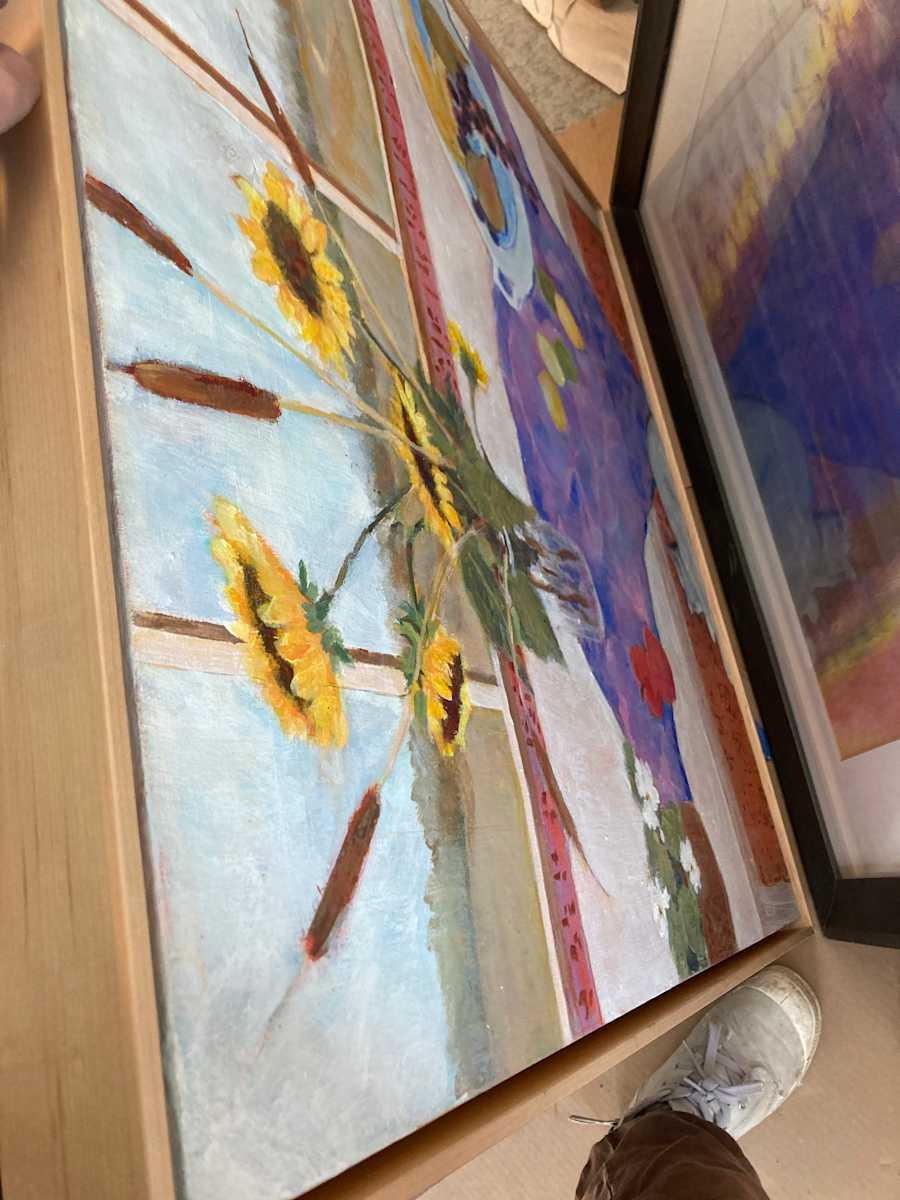 Still Life- Sunflowers on Purple Table 