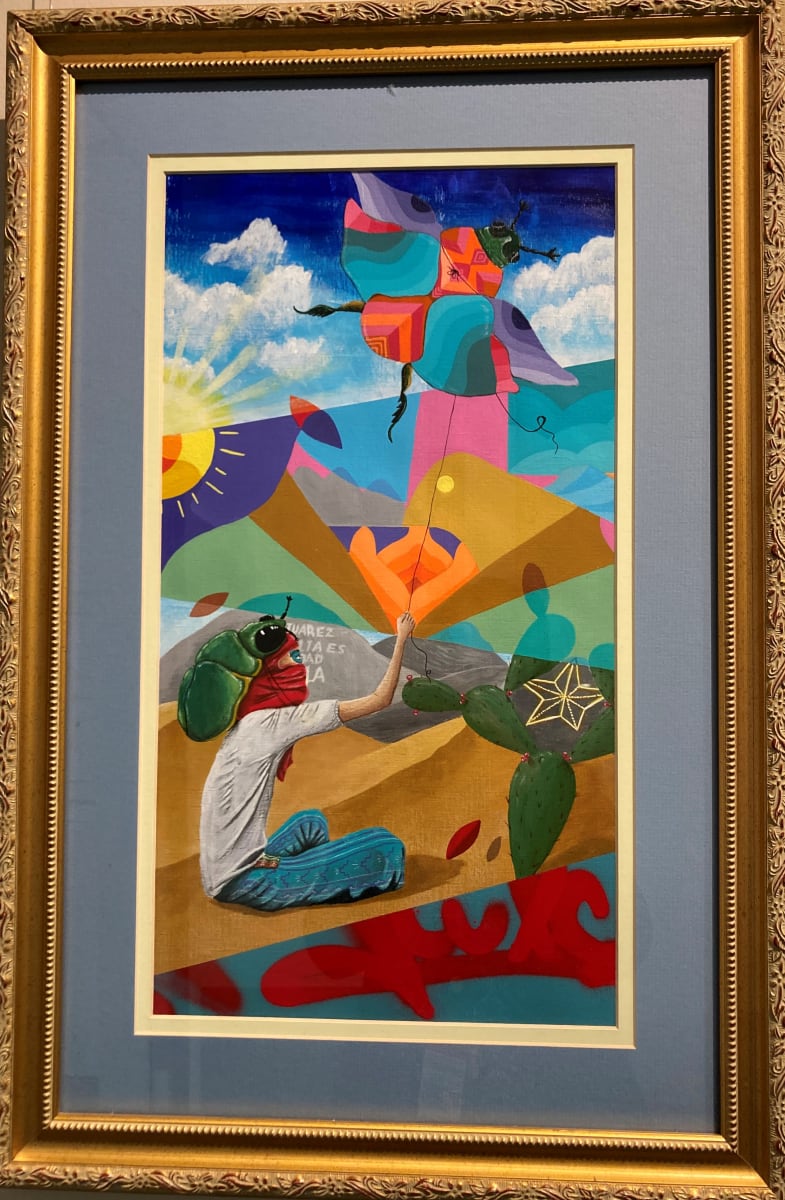 MayaDrone by Julio "Juls" Mendoza  Image: This painting is part of “My Childhood Series” reflecting some of my best memories while growing up in Mexico like my dad helping me tie a string to a flying “Mayate verde” or Figeater beetle and making my own kite or drone. 