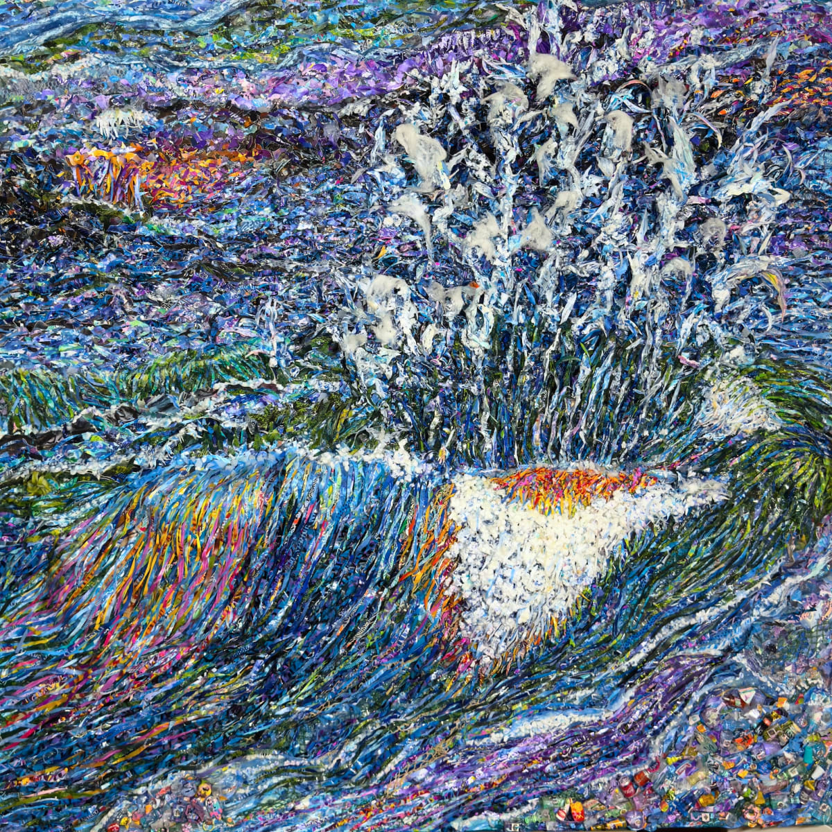 Keep Out of the Water by Charlene Moy  Image: Comprised of various plastics, styrofoam, "cotton" from pill bottles, used masks, cut up watercolors, doll house accessories, all materials that are harmful to our waters.
Honorable Mention - CAVA Members Show, Bridgeport Art Center 2023