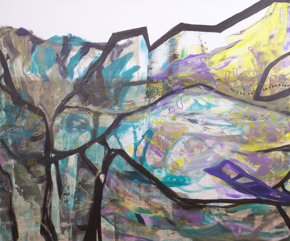 Graphic Recording of Forest Songs / Graficzny zapis pieśni lasu by Dorota Lapa-Maik  Image: Dorota Lapa-Maik, Graphis Recording of Forest Songs,  acrylic and pastel on linen canvas, 2024