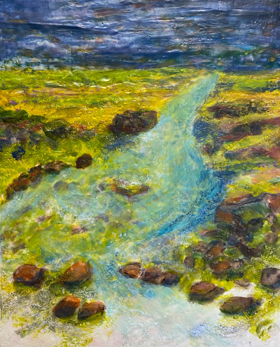 Step Forward into Mystery by Linda Robertson  Image: This is my interpretation of a favorite beach trip in Ireland, where I led an art retreat in 2023. We drove across an active golf course to get there which was the official path of entry, and golfers waived to us along the way. We approached the beach by climbing over a rise to this incredible view! The wind was blowing hard and though the sky was blue that day, I imagined it during a proper Irish storm while painting it.
