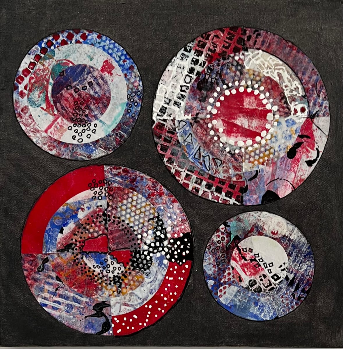 Abstract Circles on Canvas with Collage by Rebecca Zdybel 