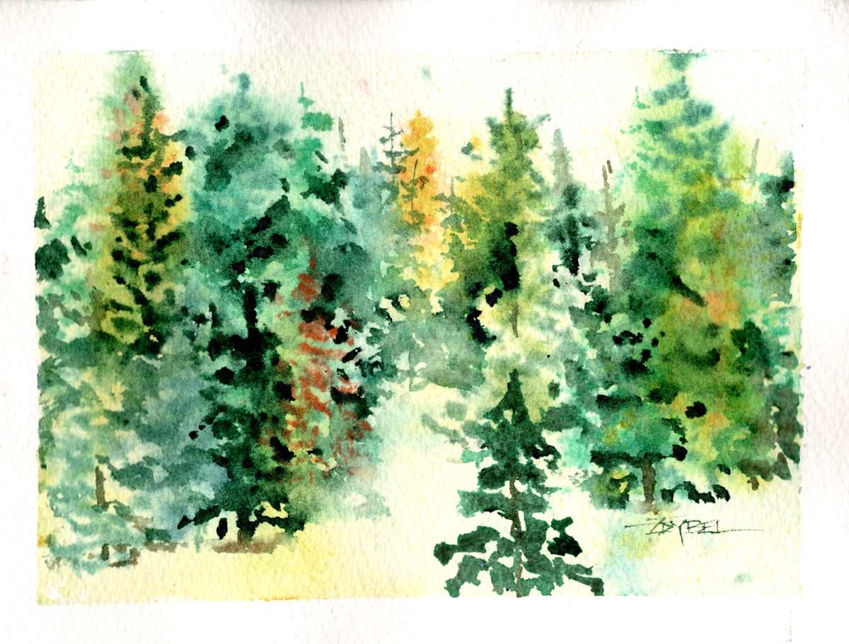 Fantasy Firs 15 in Greens and Gold by Rebecca Zdybel, Image 1.