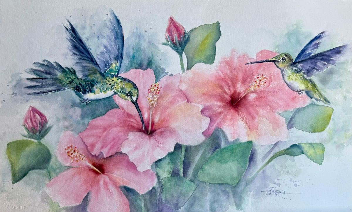 Hummingbirds in the Hibiscus by Rebecca Zdybel 