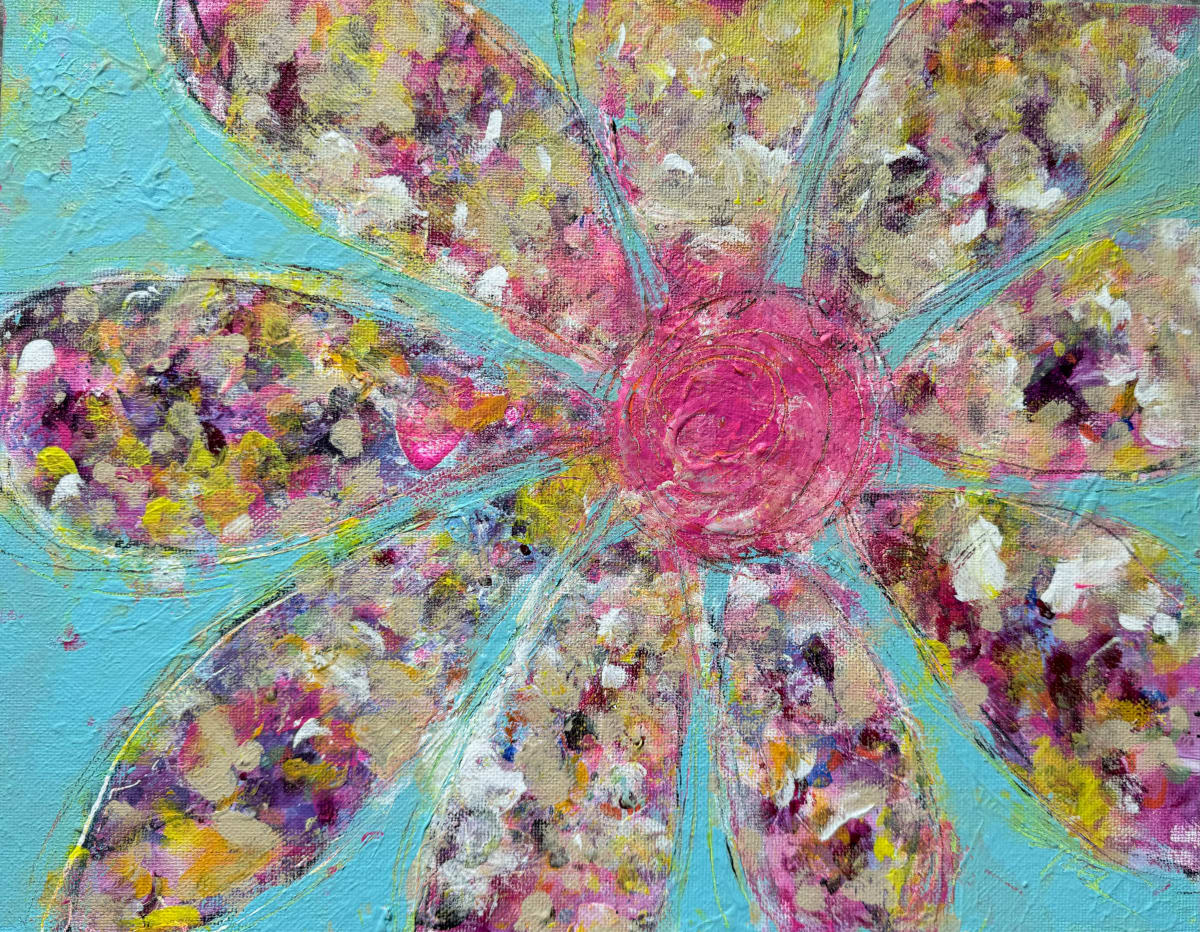 Flower Power 1 teal and pink center by Rebecca Zdybel 