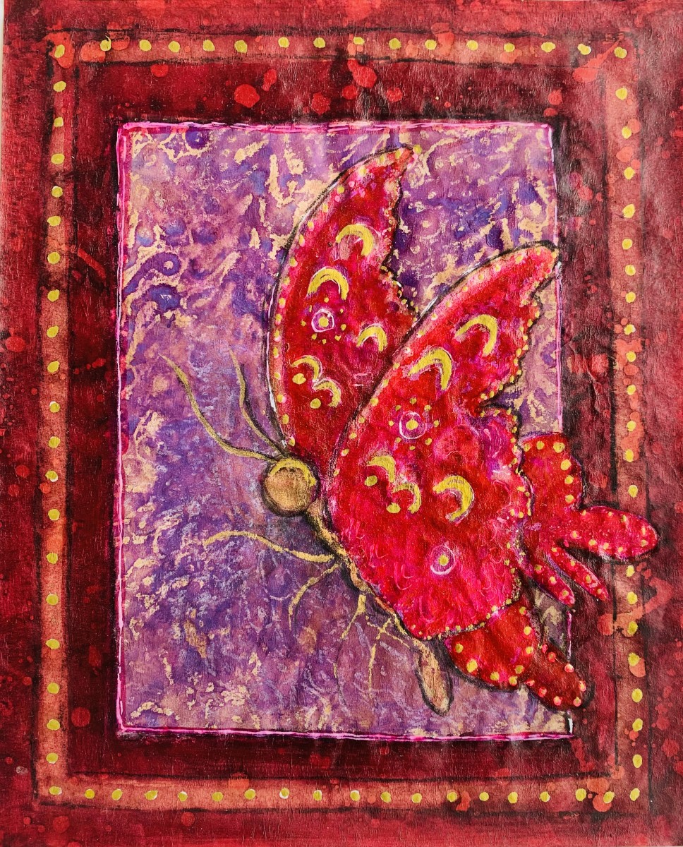 Batik Magenta Butterfly with Purple Square by Rebecca Zdybel 