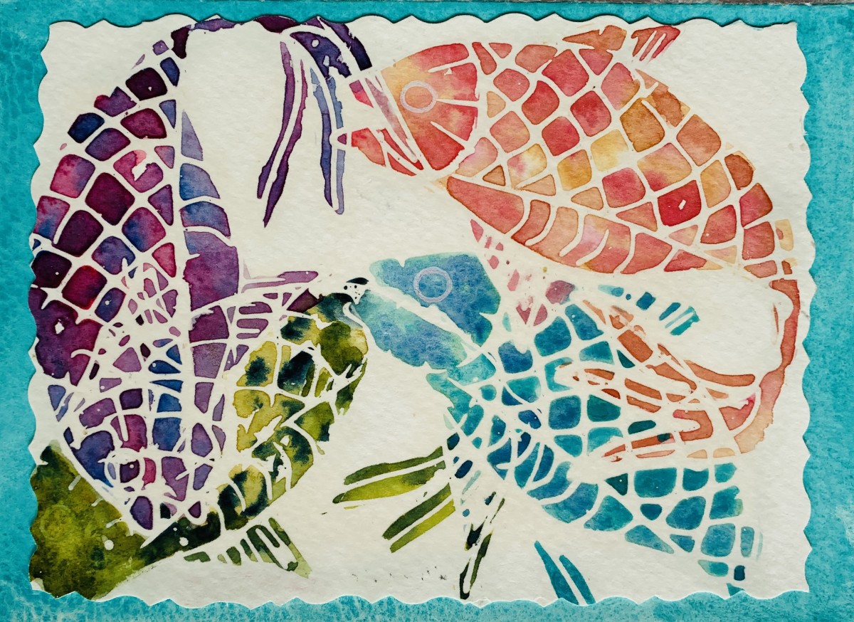 Fish Batik Multicolored on teal mat by Rebecca Zdybel 