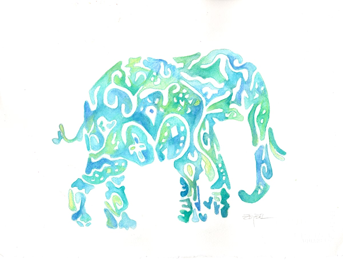 Playful Pachyderm in Blue & Green by Rebecca Zdybel 